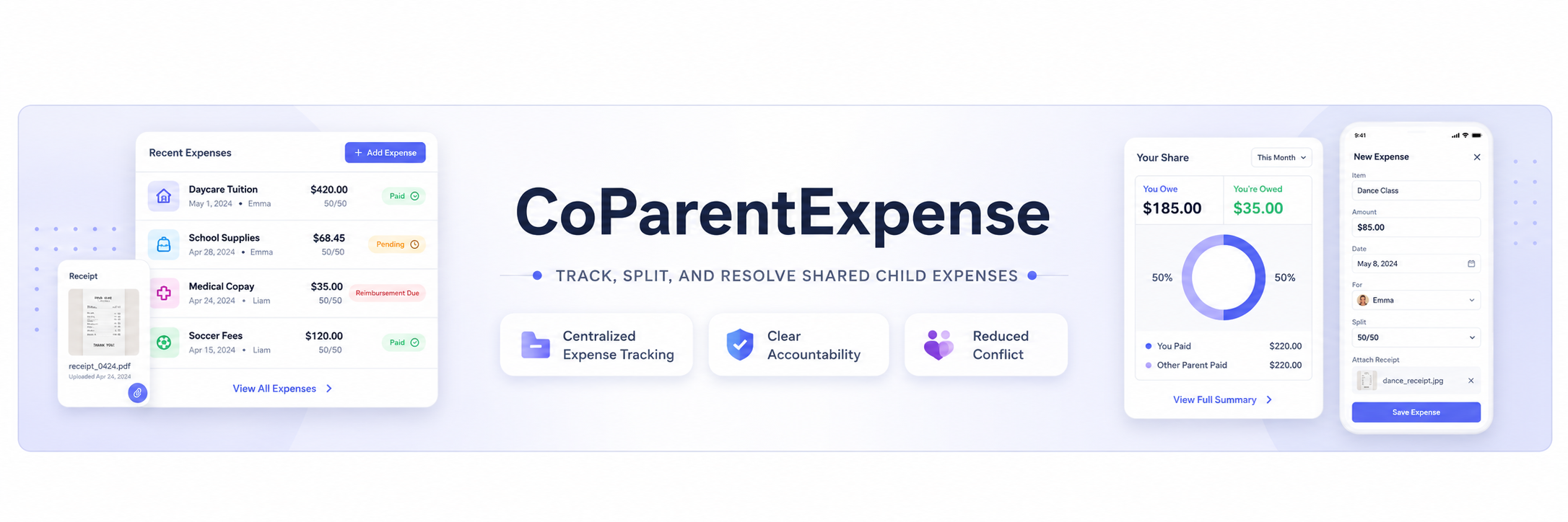 CoParentExpense app banner showing shared child expense tracking
